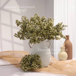 May include: A white ceramic vase with a textured surface holds a bouquet of dried green flowers. The vase has two handles and is sitting on a beige woven surface. The text "Flower Fairyland Chicago" is visible in the background.