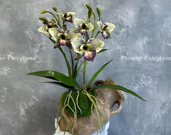 Puede incluir: Un ramo de orquídeas artificiales con flores verdes y moradas en un jarrón de cerámica marrón con musgo y enredaderas. El jarrón está sobre un pedestal blanco.