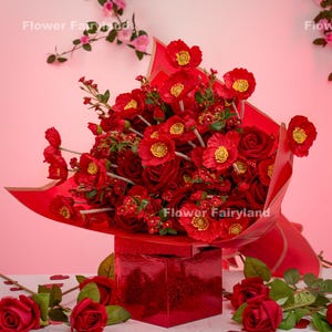 Vivid Passion: Red Roses, Poppies & Mini Roses Bouquet - Artificial Flower - Special