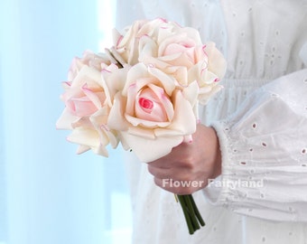 Realistic 5 Stems Real Touch Moist Latex Rose Bouquet | High Quality Artificial Flower | Wedding/Home Decoration | Gifts - Strawberry Milk