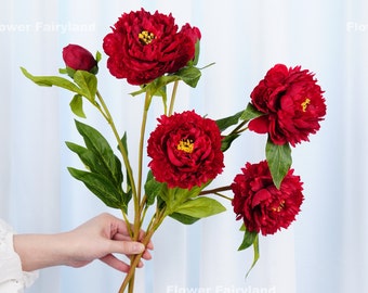 3 Heads Peony Stem | High Quality Artificial Flower | DIY Floral | Wedding/Home Decoration | Gifts - Red