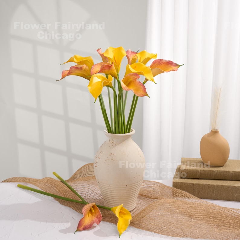 20" Natural Touch Faux Calla Lily - Artificial Flower - Flame Orange Mixed Color Bouquet