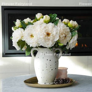 Dried Look Huge Peony with Bud Stem | High Quality Artificial Flower | Centerpieces | DIY | Wedding/Home Decoration | Gifts - Milky White