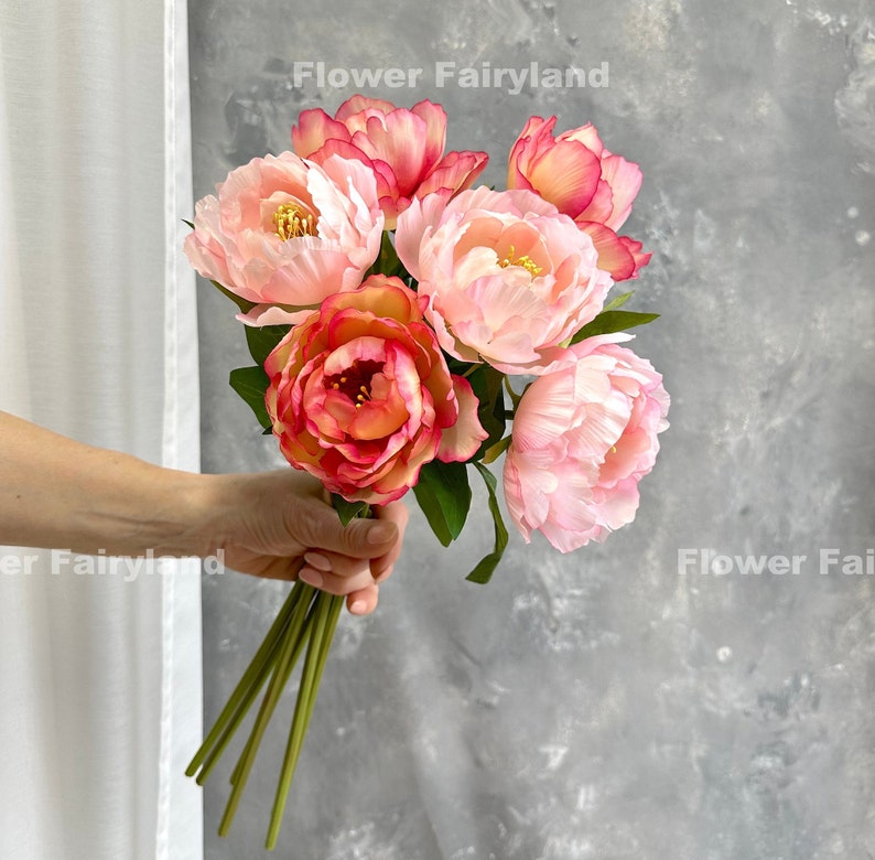 Bouquet de pivoines Tige de pivoine Fleur artificielle de haute qualité Bricolage Fleurs Décoration de mariage/maison Cadeaux Rose clair image 3