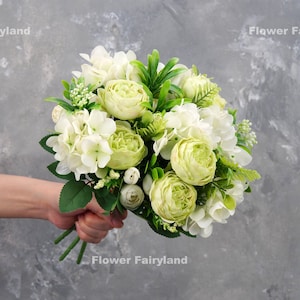 Peony and Hydrangea Small Bouquet | Artificial Flower | Wedding/Home Decoration | Gifts - Green & White