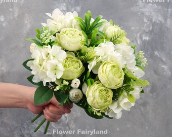 Peony and Hydrangea Small Bouquet | Artificial Flower | Wedding/Home Decoration | Gifts - Green & White