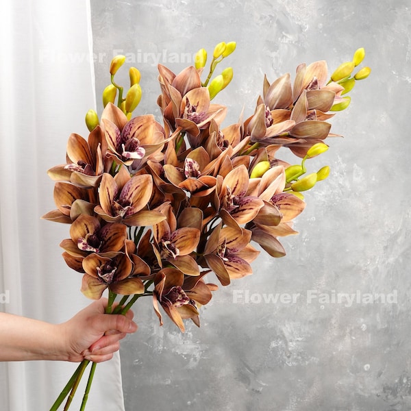 Realistic Cymbidium Hybrid Bouquet | Cymbidium Hybrid Stem | High Quality Artificial Flower | DIY | Gifts -Orangish Brown -Deep Mauve