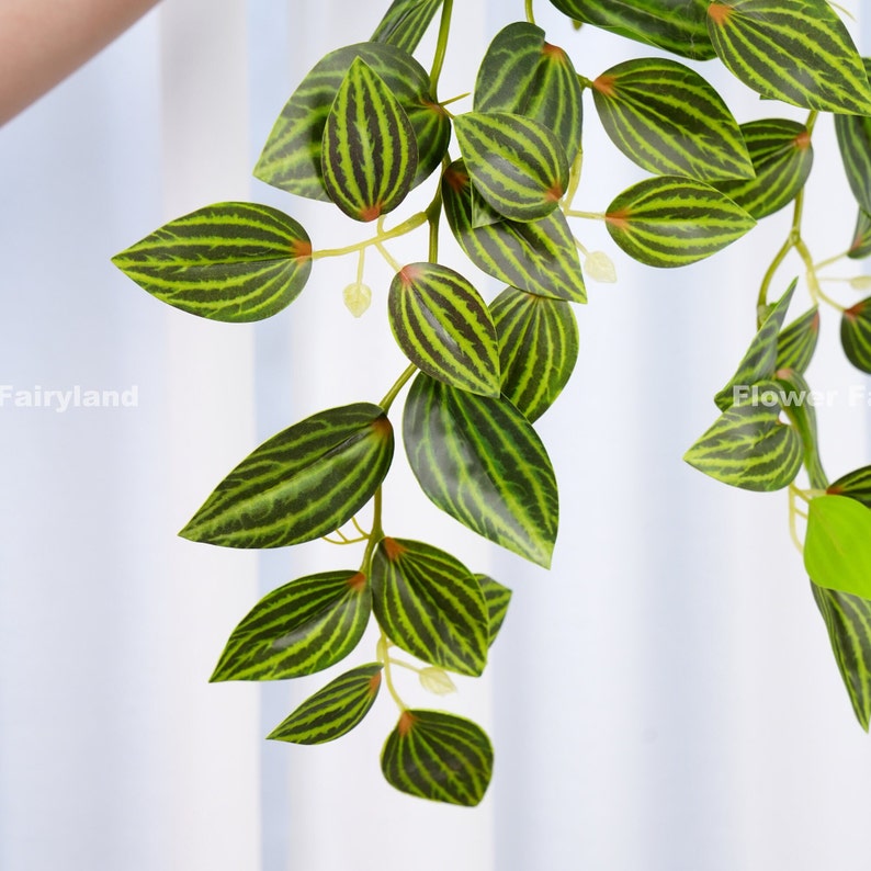 May include: A green artificial plant with striped leaves hanging down. The plant is made of plastic and has a realistic look.