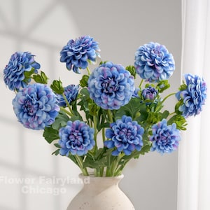 Faux Dahlia Flower with Buds - Artificial Flower - Blue