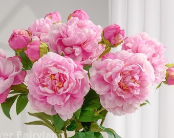 Faux Peony with Bud - Artificial Flower - White Pink