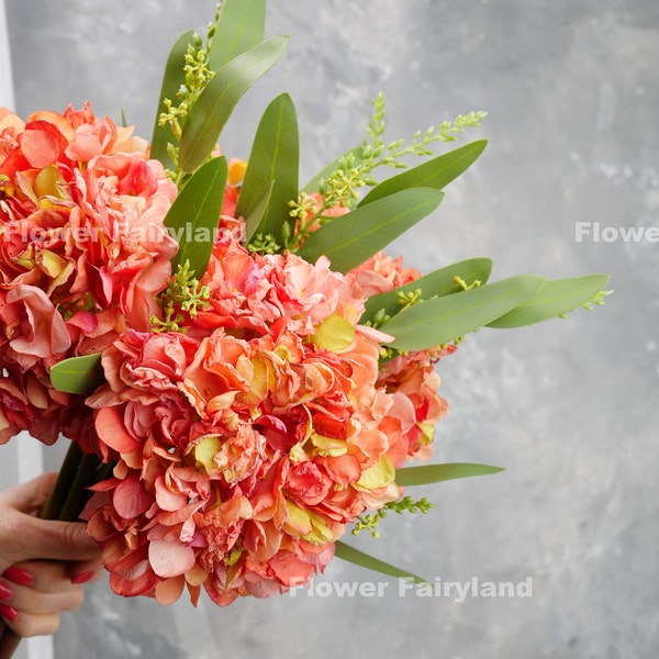 Huge Dried Look Hydrangea Stem | Artificial Flower | Centerpieces | DIY Floral | Wedding/Home Decoration | Gifts - Coral