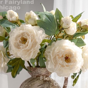 Peonia enorme dall'aspetto secco con 2 boccioli e stelo / Fiore artificiale di alta qualità / Decorazione floreale fai da te / Matrimonio/Casa / Regali - Bianco latte