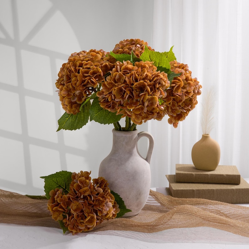 Real Touch Huge Hydrangea Stem - Artificial Flower - Orangish Caramel image 1
