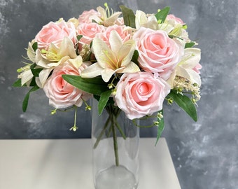 Piccolo bouquet di rose e gigli finti/fiore artificiale/fai da te/floreale/matrimonio/decorazione per la casa/regali - rosa chiaro