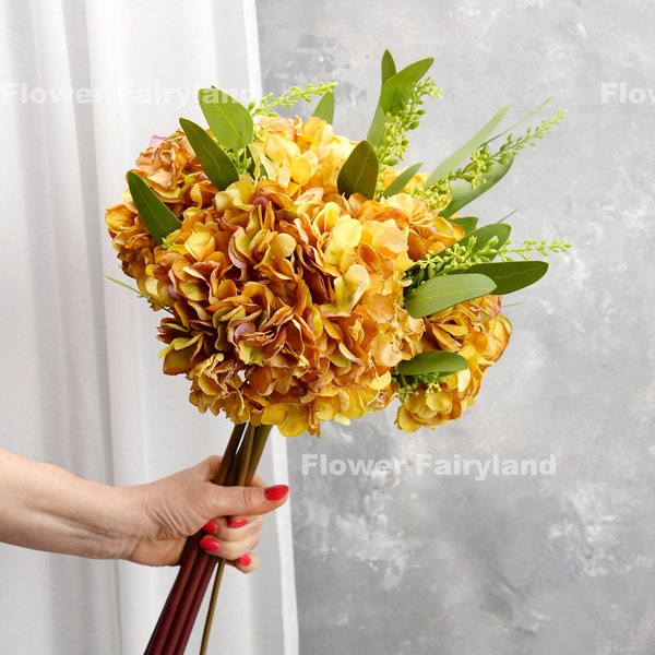 Faux Hydrangea and Seeded Eucalyptus Bouquet | Dried Look Hydrangea Stem | Artificial Flower | DIY | Home Decors | Gifts - Yellow