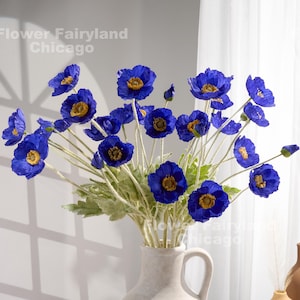 Faux 4 Heads Poppy Stem - Artificial Flower - Royal Blue