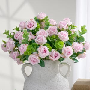 Faux Small Rose and Eucalyptus Bouquet - Artificial Flower - Light Purple