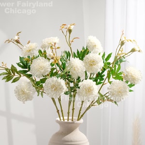 30&quot; Faux Marigold Tagetes Erecta Stem 2 Blooms and a Bud - Artificial Flower - White