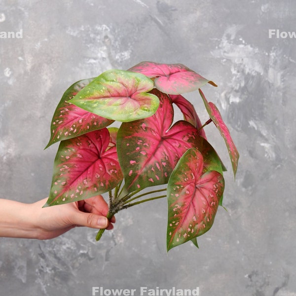 Plante en fausses ailes d'ange | Plante artificielle caladium bicolore | 12 feuilles | Mur/Pot de décoration/Décoration d'intérieur | Bricolage | Verdure | Fleurs | Cadeaux