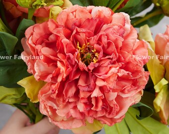 Dried Look Huge Peony with Bud Stem | High Quality Artificial Flower | DIY Floral | Wedding/Home Decoration | Gifts - Coral Red