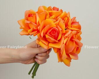 Realistic 5 Stems Real Touch Moist Latex Rose Bouquet | High Quality Artificial Flower | Wedding/Home Decoration | Gifts - Orange