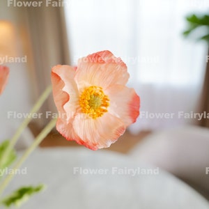 4 Heads Poppy Stem | High Quality Artificial Flower | DIY | Floral | Wedding/Home Decoration | Gifts - Peach w/ Coral Edge