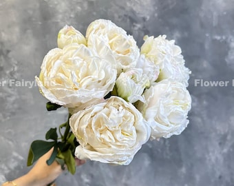 32&quot; 8 Stems Dried Look Peony and Rose Bouquet - Artificial Flower - Milky White