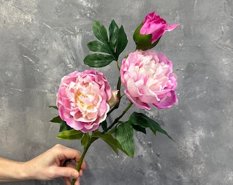Real Touch 3 Heads Peony - Artificial Flower - Bright Pink