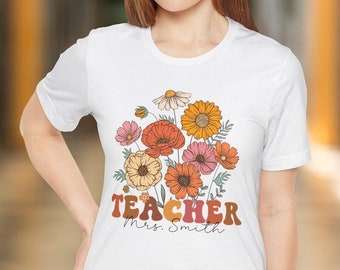 Teacher Retro Flowers Shirt, Personalized Teacher Floral Sweatshirt, Back To School Sweater, Gift For Teacher, Custom Teacher's Name Tshirt