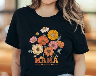 Mama Retro Flowers Shirt, Personalized Mom Tshirt With Kids Names, Gift For Mom, Mothers Day Floral Shirt, Custom Kid's Names Mom Sweatshirt