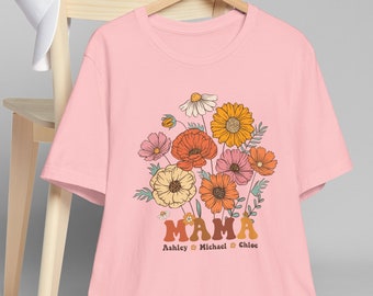 Mama Retro Flowers Shirt, Personalized Mom Tshirt With Kids Names, Gift For Mom, Mothers Day Floral Shirt, Custom Kid's Names Mom Sweatshirt