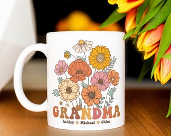 Personalized Grandma Mug With Kids' Names, Flowers Coffee Mug, Mother's Floral Mug, Gift For Grandma, Mother's Day Gift, Grandma Coffee Mug