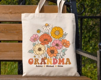 Personalized Grandma Tote Bag With Grandkids' Names, Grandmom's Floral Bag, Mother's Day Gift For Mom, Custom Grandma Flowers Canvas Tote