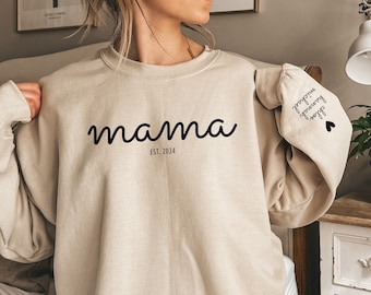 Personalized Mama Sweatshirt with Kids Names on Sleeve, Mother's Day Gift, Birthday Gift for Mom, New Mom Gift, Minimalist Cool Mom Sweater