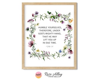 Humble Yourselves Scripture Print, Religious  Wildflowers, Christian Gift, 1 Peter 5:6 Bible Verse Printable Wall Art Digital Download