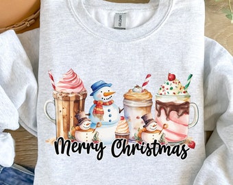 Merry Christmas Coffee Sweatshirt, Christmas Sweater, Christmas Sweatshirt, Coffee Lover Shirt, Winter Sweatshirt, Snowman Coffee Shirt