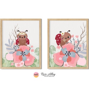 Flowers and Ladybug, Girls Nursery Bedroom Decor, Printable Wall Art Kids Room, Kids Printable Wall Art Digital Download, Set of 2 image 1