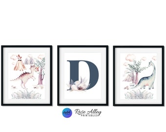 Printable Wall Art Kids Room, Nursery Wall Art, Dinosaur Print, Monogram, Dinosaur Watercolor Printable Wall Art Set of 3 Digital Download