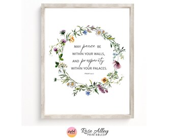 Peace Within Scripture Print, Religious Printable, Wildflowers, Christian Gift, Psalm 122:7 Bible Verse Printable Wall Art Digital Download