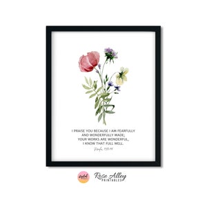 Wunderbar gemachte Schrift druckbare, Wildblumen, religiöse, christliche Geschenk, Psalm 139:14 Bibel-Vers druckbare Wandkunst digitaler Download