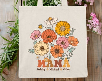 Personalized Mama Canvas Bag With Kids' Names, Wildflowers Tote, Mother's Floral Bag, Gift For Mom, Mother's Day Gift, Custom Mama Tote Bag