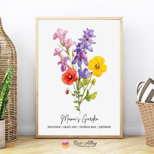 Geburts-Blumenfamilie Blumenstrauß benutzerdefinierte Digitaldruck, personalisiertes Geschenk für Mutter, Mamas Garten, Familien-Geburts-Blumenstrauß-Wand-Kunst-digitaler Download
