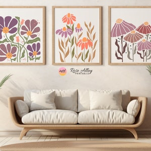 Spring Flower Prints, Retro Floral Art, Boho Prints, Spring Decor, Retro Aesthetic, 70s Wall Art, Boho Flowers Wall Art Printable, Set of 3