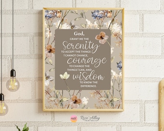 The Serenity Prayer Wall Art Short Version, Floral Wall Art, Religious Gift, Typography Print, Christian Printable Wall Art Digital Download