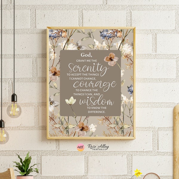 The Serenity Prayer Wall Art Short Version, Floral Wall Art, Religious Gift, Typography Print, Christian Printable Wall Art Digital Download