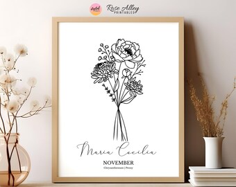 Custom Birth Month Flower Bouquet, Family Birth Flower Printable Wall Art, Personalized Flower Artwork, Birth Flower Art Digital Download