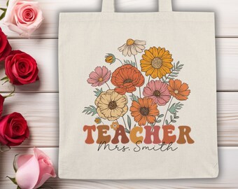 Personalized Teacher Canvas Bag, Wildflowers Tote, Teacher's Floral Bag, Gift For Teacher, Appreciation Gift, Custom Name Teacher's Tote Bag