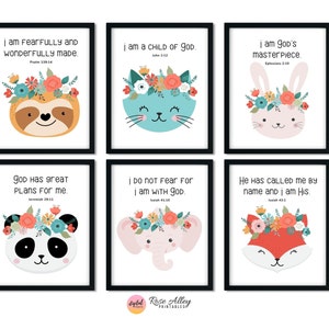 Impressões de quarto de meninas, decoração de berçário, arte de parede para impressão em quarto infantil, versículo bíblico infantil e download digital de arte de parede para impressão de animais, conjunto de 6