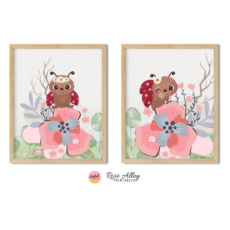 Flowers and Ladybug, Girls Nursery Bedroom Decor, Printable Wall Art Kids Room, Kids Printable Wall Art Digital Download, Set of 2 image 1