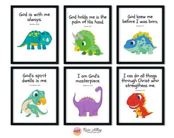 Printable Wall Art Kids Room, Nursery Kids Wall Art, Bible Verse Printable, Dinosaur Printable Wall Art Digital Download, Set of 6